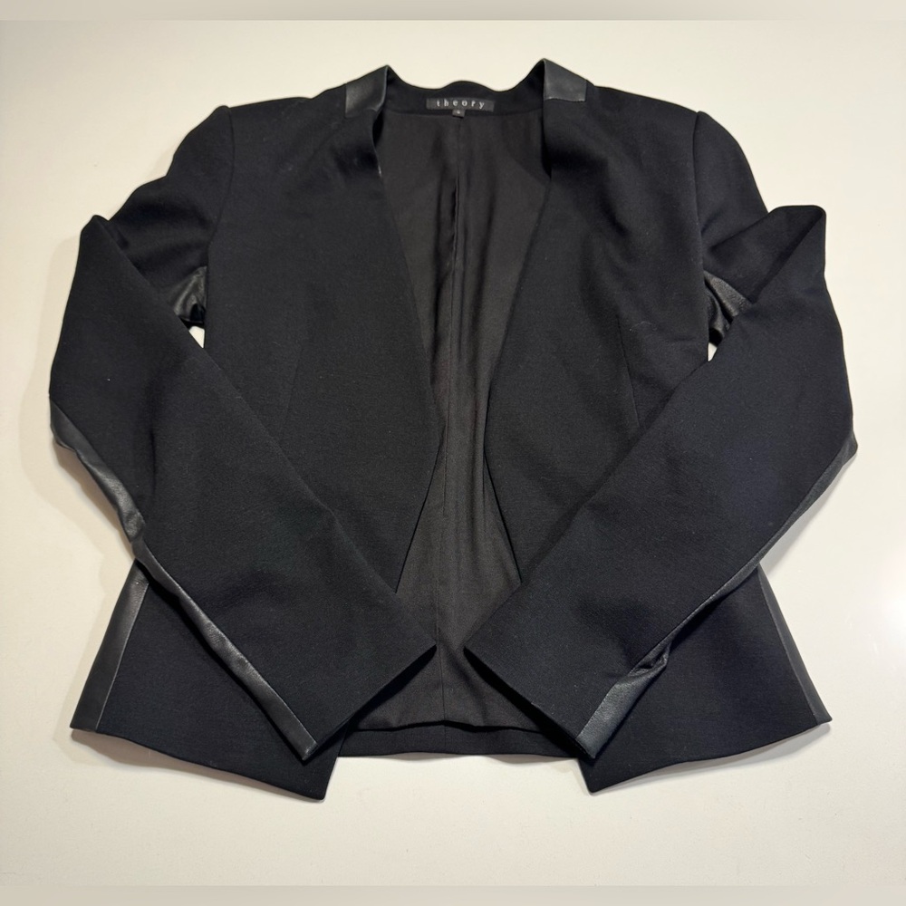 Theory Lanai Open Front Collarless Blazer Wool Blend Italian Fabric Black Size 0